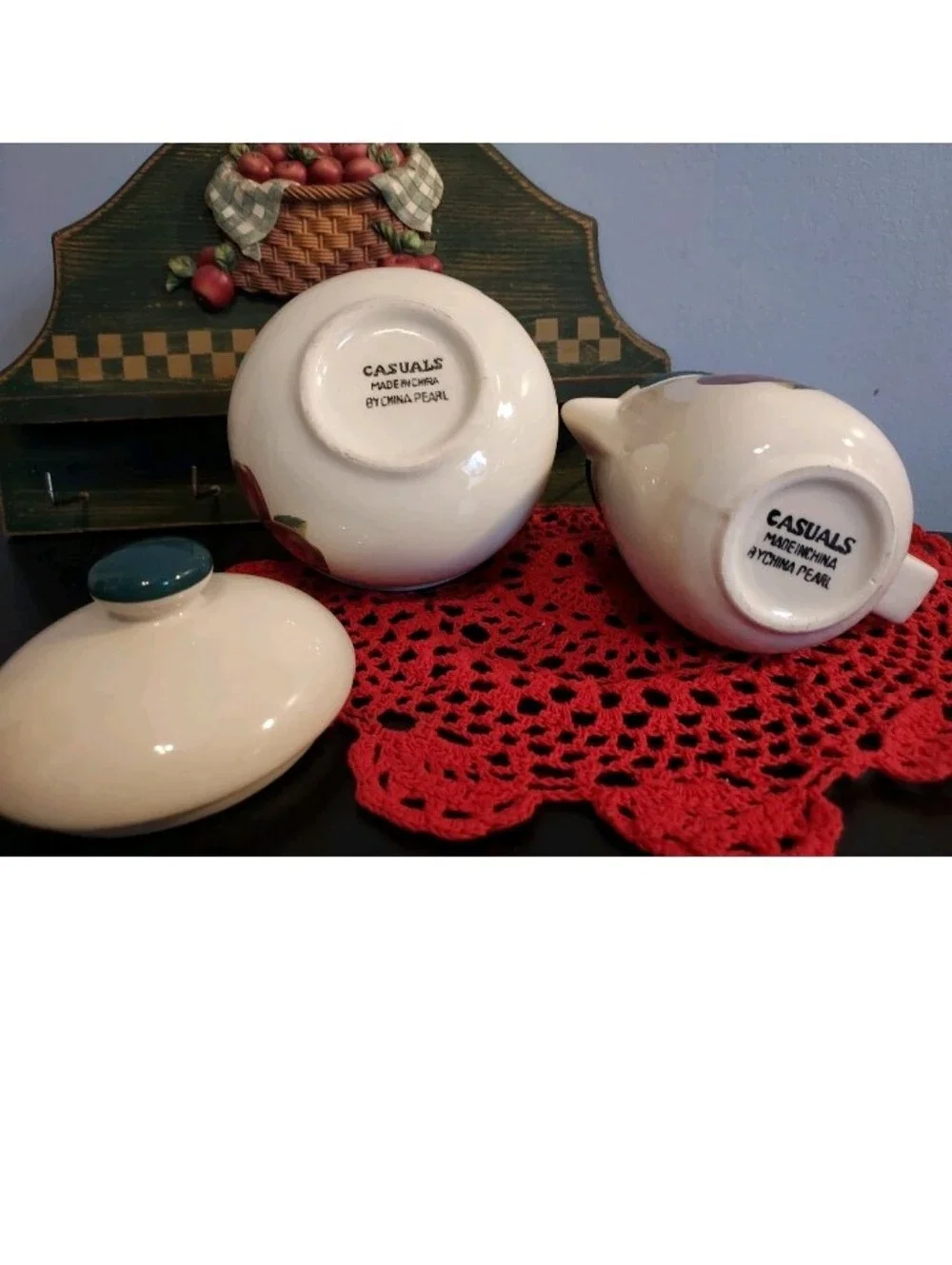 Casuals China Pearl Sugar W/lid & Creamer Apple Themed Key Rack Vintage Kitchy